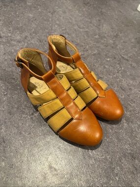 Wolverine Tan Leather and Mustard Fabric Strappy Sandals